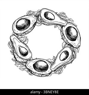 Metà di avocado con semi e rametti di prezzemolo illustrazione monocromatica con inchiostro a righe vettoriali in bianco e nero. Disegno inciso delle foglie di insalata Illustrazione Vettoriale