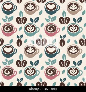 Motivo vettoriale senza cuciture con tazze da caffè colorate con latte art. Illustrazione Vettoriale