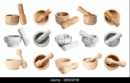 Mortai e pestelli diversi isolati su collage bianco. Vista dall'alto e laterale Foto Stock