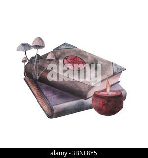 Libro magico della strega con pentagramma, candela di cera rossa, funghi isolati sul bianco. Illustrazione di schizzi di fantasia scura disegnata a mano con acquerello. Design artistico Foto Stock