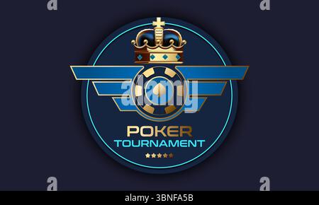 Elegante logo del torneo di poker con corona dorata, ali volanti e chip del casinò su sfondo blu scuro. Design lussuoso per il gioco d'azzardo e le scommesse online Illustrazione Vettoriale