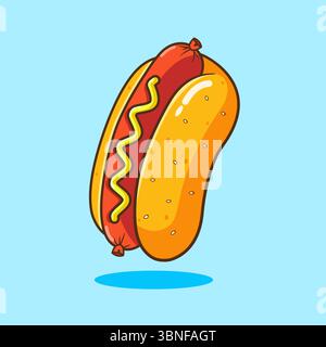 Delizioso hot dog con senape in un disegno di cartone animato con illustrazione vettoriale Illustrazione Vettoriale