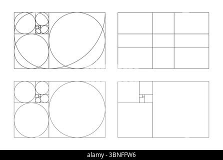 Set di fotogrammi con rapporto d'oro. Metodo sezioni dorate. Modelli di proporzioni dell'armonia. Matrice Fibonacci, numeri. Proporzione dorata. Vettore di contorno Illustrazione Vettoriale