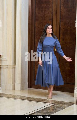Madrid, Spagna. 2 luglio 2025. LA REGINA LETIZIA di Spagna partecipa a un'udienza con i rappresentanti dell'Associazione Proyecto Hombre al Palazzo Zarzuela di Madrid, Spagna. (Credit Image: © Jack Abuin/ZUMA Press Wire) SOLO PER USO EDITORIALE! Non per USO commerciale! Foto Stock