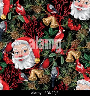 Motivo vettoriale senza cuciture con volti di Babbo Natale, cardinali rossi, finocchi, campane dorate, rami di pino, coni, foglie di agrifoglio, bacche e rosso Illustrazione Vettoriale