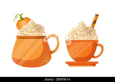 Latte vettoriale per spezie di zucca isolato su sfondo bianco. Caffè autunnale con panna montata Illustrazione Vettoriale