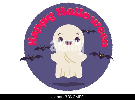 Illustrazione vettoriale di un fantasma carino per Halloween. Fantasma e pipistrelli. Illustrazione Vettoriale