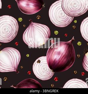 Motivo senza cuciture con cipolle rosse. Peperoncino rosso. Cipolla viola disegnata a mano con acquerello isolata sullo sfondo. illustrazione. Per i progettisti, menu Foto Stock