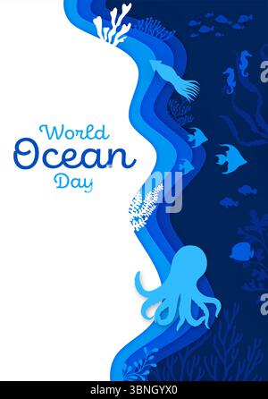 Striscione World Oceans Day tagliato in carta. Protezione della natura e dell'ambiente marino, volantino vettoriale o manifesto con polpi, calamari e cavallucci marini, pesci, coralli e sagome di alghe Illustrazione Vettoriale