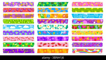 Pezzi adesivi con nastro washi Y2K. Strisce di carta vettoriale o adesivi per lo scrapbooking con motivi scanalati e bordi strappati. Set di nastri vintage y2k per fiori, frutta, forme estetiche e pianeti washi Illustrazione Vettoriale