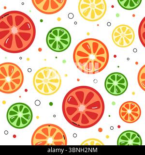 Effetto agrumato senza cuciture. Sfondo vettoriale con fette di arancio, limone, pompelmo e lime. Design estivo ripetuto, stampa con semplicità Illustrazione Vettoriale