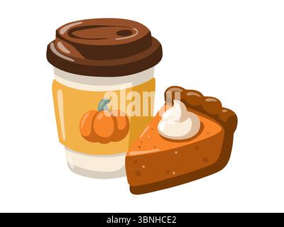 Illustrazione autunnale con latte di zucca e fetta di torta. Accogliente oggetto autunnale stagionale. Illustrazione vettoriale cartoni animati Illustrazione Vettoriale