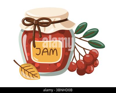 Barattolo di marmellata di bacche, cenere di montagna e foglie autunnali. Berry Preserve e frutti di bosco. Illustrazione del vettore Fall Cartoon Illustrazione Vettoriale