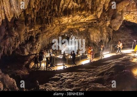 I turisti esplorano una grande grotta con stalattiti e stalagmiti, camminano su un sentiero illuminato, la grotta di Skocjan, Slovenia Foto Stock