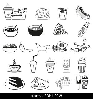 Set di icone disegnate a mano. Simboli delle bevande alimentari. Vari oggetti quotidiani. Illustrazione dello stile di schizzo. Illustrazione Vettoriale