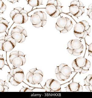 Cornice ad acquerello realizzata in morbidi bolli e rami di cotone in tonalità naturali. Dipinto a mano e isolato su sfondo bianco. Perfetto per le carte di nozze, ec Foto Stock