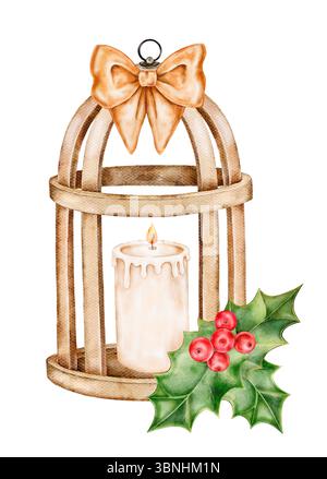Illustrazione ad acquerello di una lanterna in legno con candela e arco beige sulla parte superiore. Classico stile natalizio con holly. Perfetto per carte, adesivi e imballaggi Foto Stock