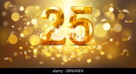 Numero d'oro 25 con un aspetto sfaccettato simile a una gemma, adagiato su un caldo sfondo dorato pieno di luci bokeh e stelle dorate sparse, Illustrazione Vettoriale