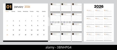 2026 set clipart modello calendario. 12 mesi di calendario in una raccolta di clip art di layout minimo con giorni e programmazione settimanale di pagine di design mensili Illustrazione Vettoriale