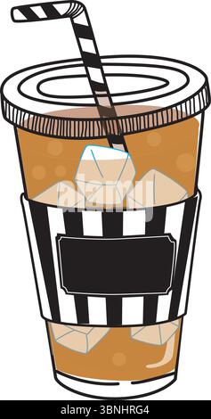 Vettoriale stilizzato di caffè ghiacciato in una tazza da asporto con manica a righe bianca e nera, cubetti di ghiaccio e cannuccia. Sfondo trasparente. Illustrazione Vettoriale