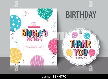 Invito al compleanno colorato e Clipart della scheda di ringraziamento con palloncini e giocosa tipografia. Clipart di compleanno Illustrazione Vettoriale