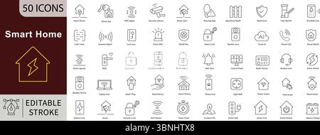 Icone della linea di automazione domestica intelligente: IoT, sicurezza, energia e dispositivi connessi Illustrazione Vettoriale