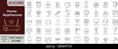 Icone della linea di elettrodomestici: Dispositivi intelligenti, vettori per cucina e elettronica Illustrazione Vettoriale