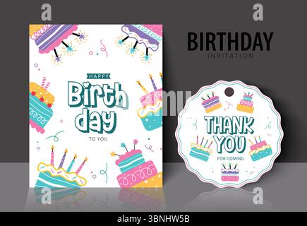 Set Birth Clipart con un invito giocoso e un'etichetta di ringraziamento con torte, candele e divertimento Illustrazione Vettoriale