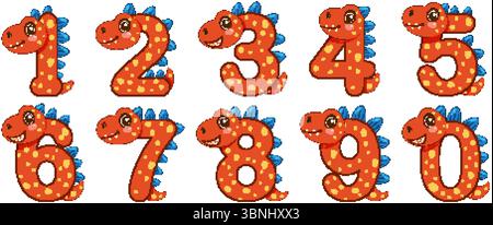 Numeri di dinosauri giocosi con colori vivaci e stile cartoni animati. Perfetto per materiali didattici e progetti per bambini Illustrazione Vettoriale