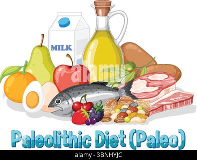 Vibrant vector illustration of Paleo diet foods including fruits, vegetables, and proteins. Bright colors and clean composition Illustrazione Vettoriale