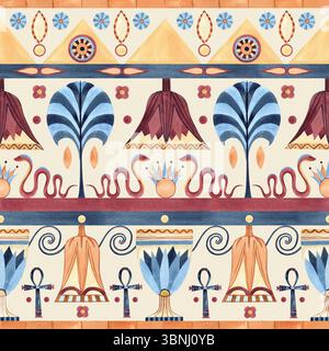 Motivo egiziano senza cuciture. Ornamento antico. Motivi geometrici a forma di loto con Ankh, serpente, fiori, piramide, palma. Illustrazione acquerello Foto Stock