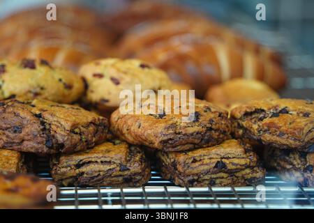 Primo piano di deliziosi scones con patatine al cioccolato e biscotti all'uva passa in un'esposizione da forno Foto Stock