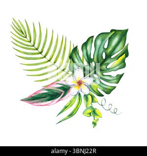 Bouquet tropicale con fiori. Bouquet botanico di fiori tropicali estivi per carte di design, inviti e branding. Ibisco vegetale tropicale Foto Stock
