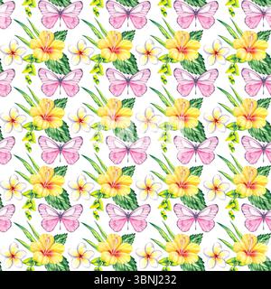 Motivo acquerello senza cuciture con fiori e farfalle estive. Ideale per tessuti, imballaggi, cancelleria, carta da imballaggio e design digitali stagionali Foto Stock