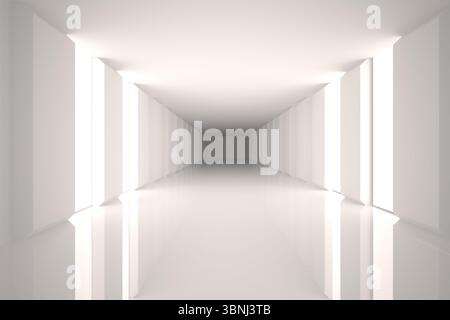 Rendering lungo corridoio minimalista in design 3D, evidenziando pavimenti lucidi e pilastri illuminati Foto Stock
