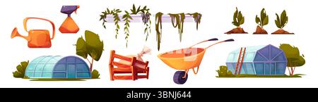 Set di serre da giardino a cartoni animati con annaffiatoio, bomboletta spray, fioriere sospese con viti, piantine germinanti nel terreno, casse di legno, carriole e edifici a cupola di vetro. Raccolta di attrezzature agricole Illustrazione Vettoriale