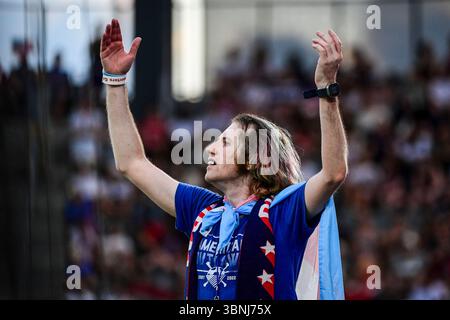 Washington, DC, Stati Uniti. 2 luglio 2025. Washington, DC, Stati Uniti, 28 giugno 2025: American Outlaws celebrano durante l'International Friendly match tra Stati Uniti d'America e Canada all'Audi Field di Washington, DC, Stati Uniti (SOLO USO EDITORIALE). (Rebekah Wynkoop/SPP) credito: SPP Sport Press Photo. /Alamy Live News Foto Stock