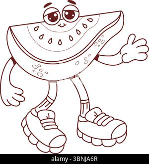 Delinea il simpatico personaggio Slice Guava Fruit Groovy. Divertente personaggio retrò di cartoni animati tropicali. Disegno al tratto, libro da colorare. Illustrazione vettoriale. Collec. Bambini Illustrazione Vettoriale