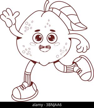 Delinea il simpatico personaggio di Guava Fruit Groovy. Divertente personaggio tropicale retrò con braccia e gambe. Disegno al tratto, libro da colorare. Illustrazione vettoriale. Bambini Illustrazione Vettoriale