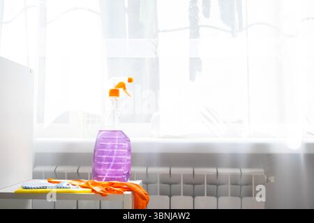 I prodotti per la pulizia dei cristalli sono appoggiati sul davanzale con uno straccio, uno spray e un detergente. Pulizia di primavera in casa, servizio di pulizia Foto Stock