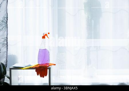 I prodotti per la pulizia dei cristalli sono appoggiati sul davanzale con uno straccio, uno spray e un detergente. Pulizia di primavera in casa, servizio di pulizia Foto Stock