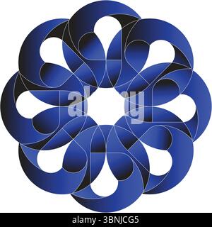 Un accattivante design geometrico 3D caratterizzato da un complesso motivo di cerchi blu interconnessi su uno sfondo bianco. Illustrazione Vettoriale