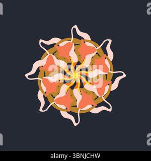 Design astratto dinamico con simmetria radiale ed elementi simili a quelli di un sole su sfondo scuro Illustrazione Vettoriale