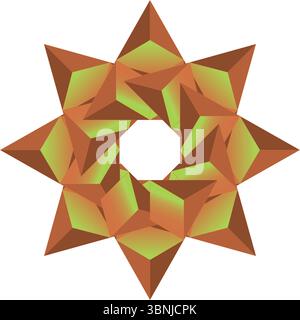 Un accattivante design geometrico 3D con motivo a stella con audaci forme arancioni e accenti verdi su sfondo bianco. Illustrazione Vettoriale