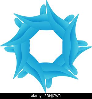 Un design circolare rotondo con forme fluide a strati e interblocco di petali blu. Dinamico, astratto e vivace su bianco. Illustrazione Vettoriale