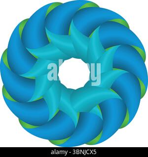 Un accattivante design geometrico 3D caratterizzato da un intricato motivo a spirale con sfumature blu e verdi su sfondo bianco. Illustrazione Vettoriale