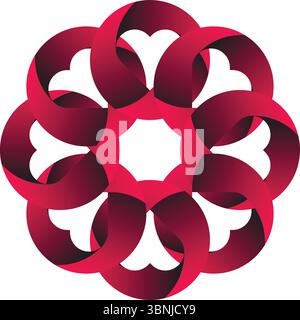 Un accattivante design geometrico 3D caratterizzato da un complesso motivo di cerchi rossi interconnessi su uno sfondo bianco. Illustrazione Vettoriale
