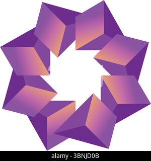Un accattivante design geometrico 3D caratterizzato da un complesso motivo di cubi viola con accenti arancioni su sfondo bianco. Illustrazione Vettoriale