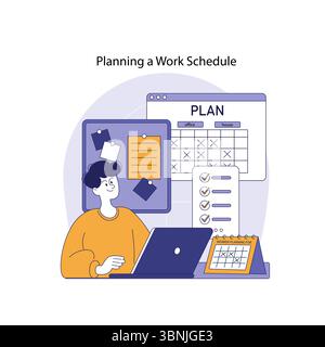 Illustrazione ibrida di pianificazione del lavoro con una persona che organizza un programma utilizzando un laptop e vari appunti. Gestione efficiente di tempo e attività in un ambiente remoto e in ufficio. Illustrazione vettoriale. Illustrazione Vettoriale