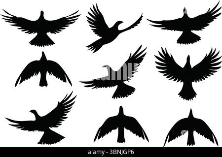 Nine Flying Bird silhouette Vector, Black Flock Clipart, Isolated Animal Nature Wildlife Illustration, Spread Wings, Simple Outline, Group Designs Illustrazione Vettoriale